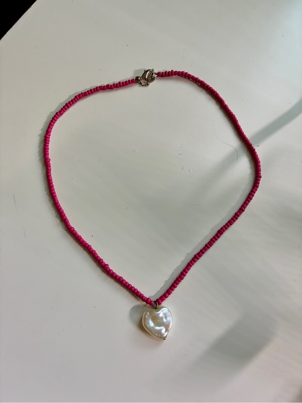 Pink Beaded Necklace with Heart Pearl Pendant